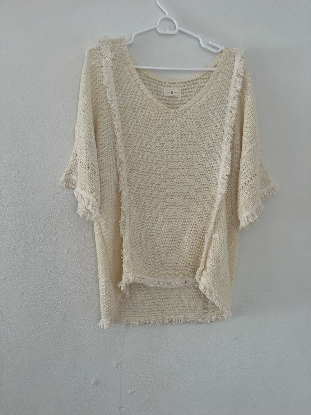 Lou & Grey Cream Fringed V-Neck Open Knit Sweater